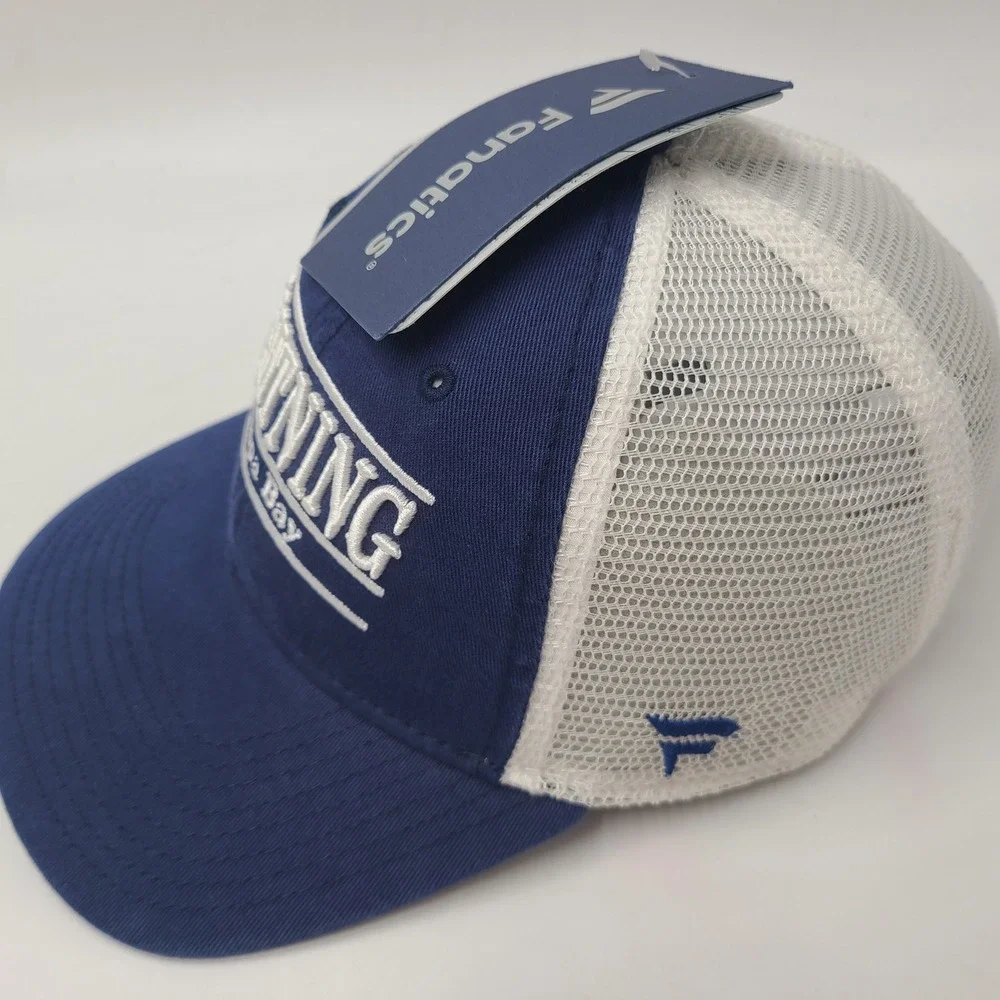 Tampa Bay Lightning Hat Snapback Trucker Mesh Fanatics Blue White NHL Split Bar